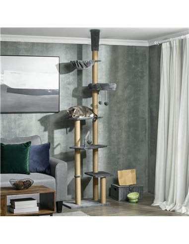 PawHut Floor to Ceiling Cat Tree for Indoor Cats, 6-Tier Play Tower Climbing Activity Center with Scratching Post, Platforms, Be