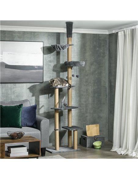 PawHut Floor to Ceiling Cat Tree for Indoor Cats, 6-Tier Play Tower Climbing Activity Center with Scratching Post, Platforms, Be - pic 146802 | FastDaddyshop