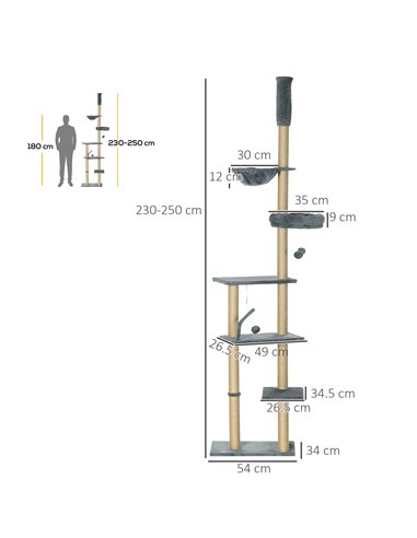 PawHut Floor to Ceiling Cat Tree for Indoor Cats, 6-Tier Play Tower Climbing Activity Center with Scratching Post, Platforms, Be