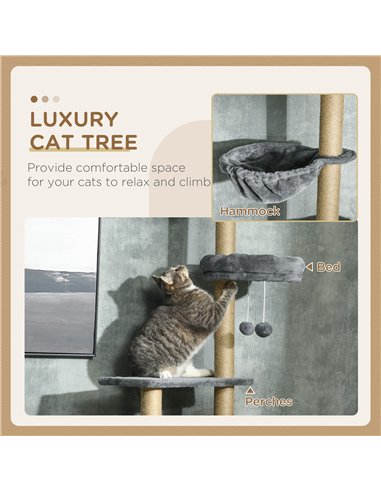 PawHut Floor to Ceiling Cat Tree for Indoor Cats, 6-Tier Play Tower Climbing Activity Center with Scratching Post, Platforms, Be