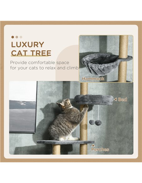 PawHut Floor to Ceiling Cat Tree for Indoor Cats, 6-Tier Play Tower Climbing Activity Center with Scratching Post, Platforms, Be - pic 146804 | FastDaddyshop