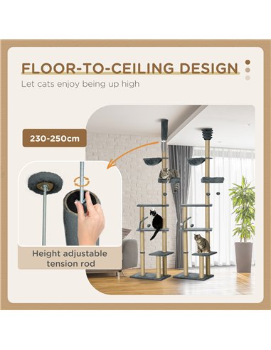 PawHut Floor to Ceiling Cat Tree for Indoor Cats, 6-Tier Play Tower Climbing Activity Center with Scratching Post, Platforms, Be
