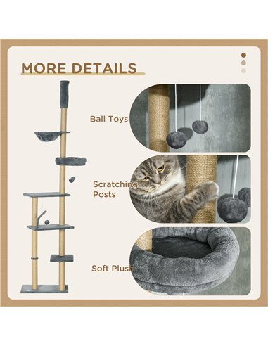 PawHut Floor to Ceiling Cat Tree for Indoor Cats, 6-Tier Play Tower Climbing Activity Center with Scratching Post, Platforms, Be