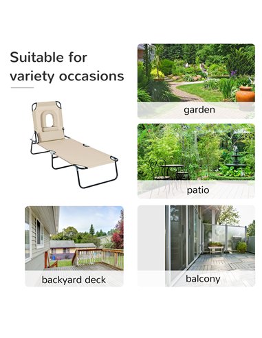 Outsunny Sun Lounger Foldable Reclining Chair with Pillow and Reading Hole Garden Beach Outdoor Recliner Adjustable Beige