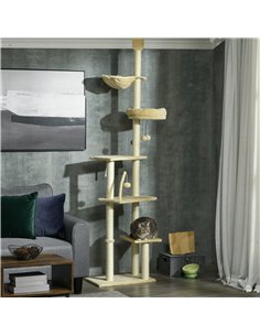 PawHut Floor to Ceiling Cat Tree for Indoor Cats, 6-Tier Play Tower Climbing Activity Center with Scratching Post, Platforms, Be 2