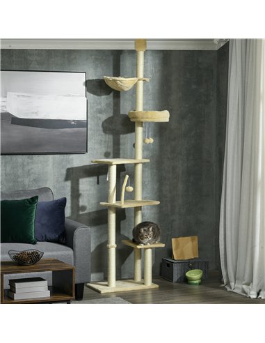 PawHut Floor to Ceiling Cat Tree for Indoor Cats, 6-Tier Play Tower Climbing Activity Center with Scratching Post, Platforms, Be