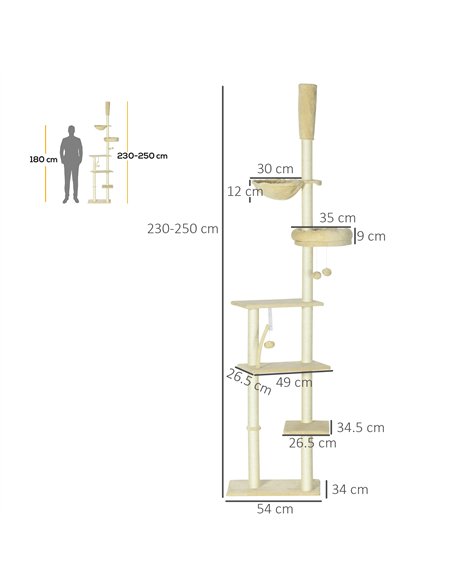 PawHut Floor to Ceiling Cat Tree for Indoor Cats, 6-Tier Play Tower Climbing Activity Center with Scratching Post, Platforms, Be - pic 146812 | FastDaddyshop