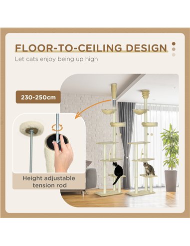 PawHut Floor to Ceiling Cat Tree for Indoor Cats, 6-Tier Play Tower Climbing Activity Center with Scratching Post, Platforms, Be