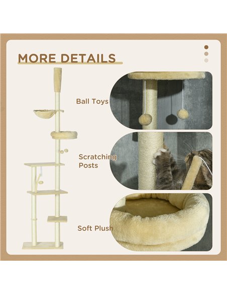 PawHut Floor to Ceiling Cat Tree for Indoor Cats, 6-Tier Play Tower Climbing Activity Center with Scratching Post, Platforms, Be - pic 146815 | FastDaddyshop