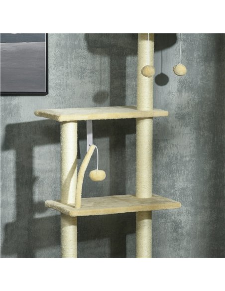 PawHut Floor to Ceiling Cat Tree for Indoor Cats, 6-Tier Play Tower Climbing Activity Center with Scratching Post, Platforms, Be - pic 146818 | FastDaddyshop