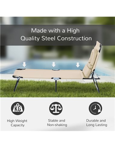 Outsunny Sun Lounger Foldable Reclining Chair with Pillow and Reading Hole Garden Beach Outdoor Recliner Adjustable Beige