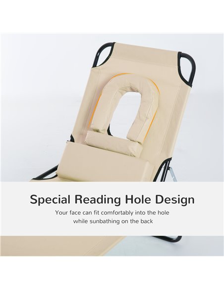 Outsunny Sun Lounger Foldable Reclining Chair with Pillow and Reading Hole Garden Beach Outdoor Recliner Adjustable Beige - pic 14683 | FastDaddyshop