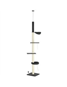 PawHut 240-270cm Floor-To-Ceiling Cat Tree, 5 Tier Cat Climbing Tower, with Bed, Hammock, Platforms, Black and Cream