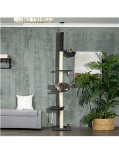 PawHut 240-270cm Floor-To-Ceiling Cat Tree, 5 Tier Cat Climbing Tower, with Bed, Hammock, Platforms, Black and Cream 2