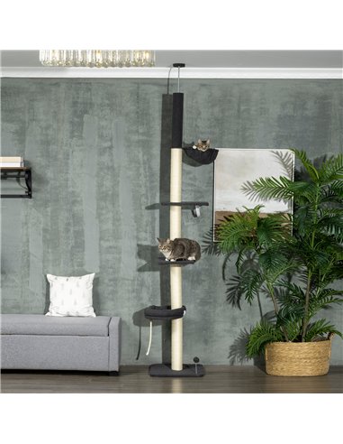 PawHut 240-270cm Floor-To-Ceiling Cat Tree, 5 Tier Cat Climbing Tower, with Bed, Hammock, Platforms, Black and Cream