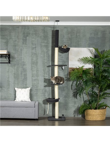 PawHut 240-270cm Floor-To-Ceiling Cat Tree, 5 Tier Cat Climbing Tower, with Bed, Hammock, Platforms, Black and Cream - pic 146838 | FastDaddyshop
