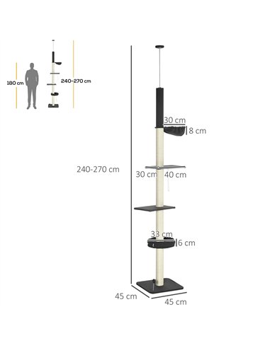 PawHut 240-270cm Floor-To-Ceiling Cat Tree, 5 Tier Cat Climbing Tower, with Bed, Hammock, Platforms, Black and Cream
