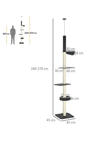 PawHut 240-270cm Floor-To-Ceiling Cat Tree, 5 Tier Cat Climbing Tower, with Bed, Hammock, Platforms, Black and Cream - pic 146839 | FastDaddyshop
