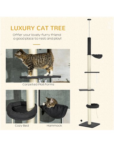 PawHut 240-270cm Floor-To-Ceiling Cat Tree, 5 Tier Cat Climbing Tower, with Bed, Hammock, Platforms, Black and Cream