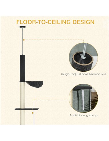 PawHut 240-270cm Floor-To-Ceiling Cat Tree, 5 Tier Cat Climbing Tower, with Bed, Hammock, Platforms, Black and Cream