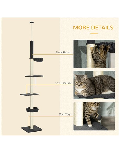 PawHut 240-270cm Floor-To-Ceiling Cat Tree, 5 Tier Cat Climbing Tower, with Bed, Hammock, Platforms, Black and Cream - pic 146842 | FastDaddyshop