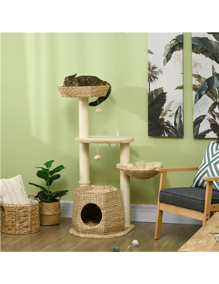 PawHut Cat Tree Activity Centre, with Cattail, Bed, Cat House, Sisal Post, Ball - Natural Tone - pic 146847 | FastDaddyshop