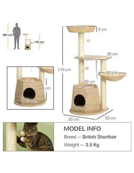 PawHut Cat Tree Activity Centre, with Cattail, Bed, Cat House, Sisal Post, Ball - Natural Tone - pic 146848 | FastDaddyshop