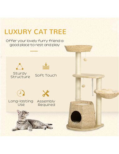 PawHut Cat Tree Activity Centre, with Cattail, Bed, Cat House, Sisal Post, Ball - Natural Tone
