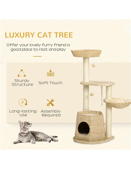 PawHut Cat Tree Activity Centre, with Cattail, Bed, Cat House, Sisal Post, Ball - Natural Tone - pic 146849 | FastDaddyshop