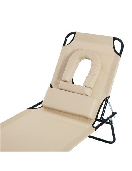 Outsunny Sun Lounger Foldable Reclining Chair with Pillow and Reading Hole Garden Beach Outdoor Recliner Adjustable Beige - pic 14685 | FastDaddyshop