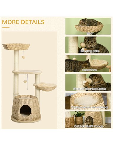 PawHut Cat Tree Activity Centre, with Cattail, Bed, Cat House, Sisal Post, Ball - Natural Tone
