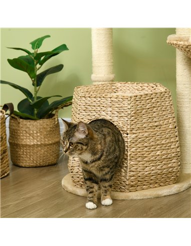 PawHut Cat Tree Activity Centre, with Cattail, Bed, Cat House, Sisal Post, Ball - Natural Tone