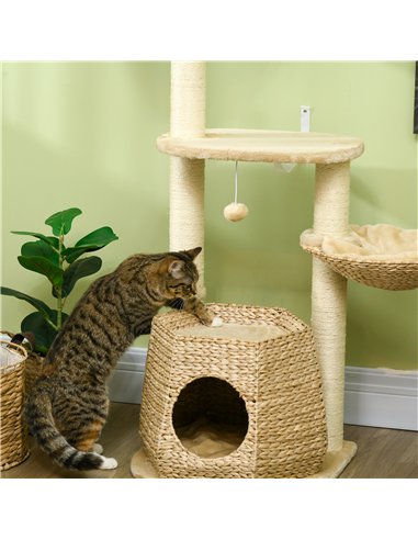 PawHut Cat Tree Activity Centre, with Cattail, Bed, Cat House, Sisal Post, Ball - Natural Tone