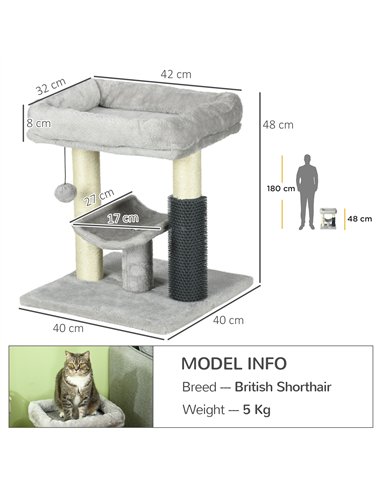 PawHut 48cm Cat Tree with Scratching Posts, Bed, Perch, Self Groomer, Toy - Grey