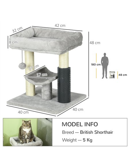 PawHut 48cm Cat Tree with Scratching Posts, Bed, Perch, Self Groomer, Toy - Grey - pic 146857 | FastDaddyshop