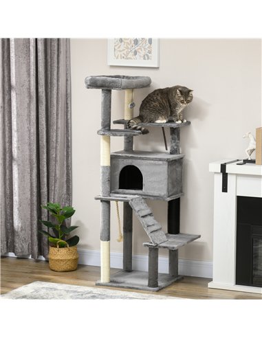 PawHut Cat Tree Tower for Indoor Cats, with Scratching Post, Cat House, Toy, Grey