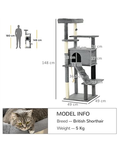 PawHut Cat Tree Tower for Indoor Cats, with Scratching Post, Cat House, Toy, Grey