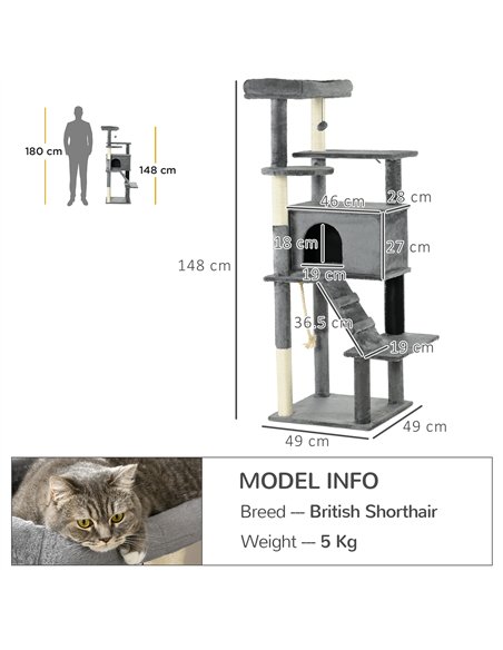 PawHut Cat Tree Tower for Indoor Cats, with Scratching Post, Cat House, Toy, Grey - pic 146866 | FastDaddyshop