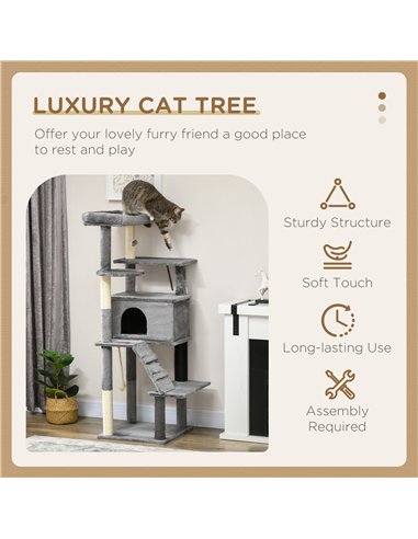 PawHut Cat Tree Tower for Indoor Cats, with Scratching Post, Cat House, Toy, Grey