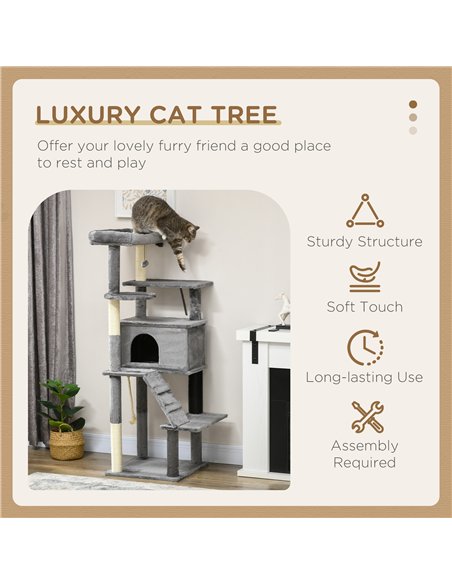 PawHut Cat Tree Tower for Indoor Cats, with Scratching Post, Cat House, Toy, Grey - pic 146867 | FastDaddyshop