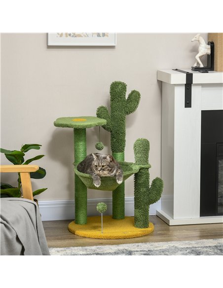 PawHut 82cm Chenille Cactus Cat Tree with Scratching Post, Hammock, Green - pic 146883 | FastDaddyshop