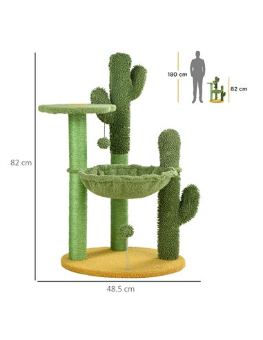 PawHut 82cm Chenille Cactus Cat Tree with Scratching Post, Hammock, Green
