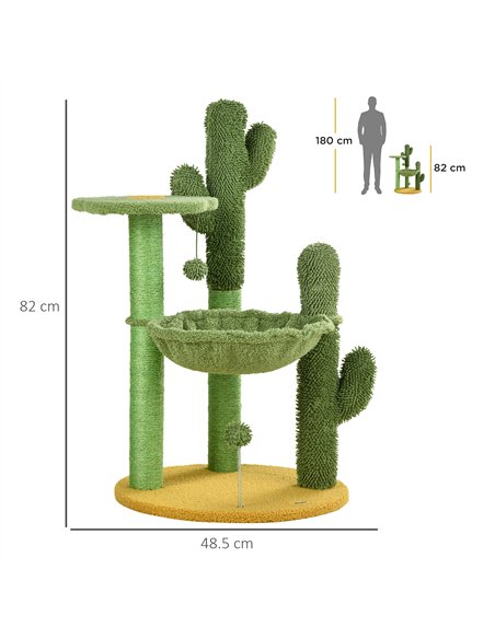 PawHut 82cm Chenille Cactus Cat Tree with Scratching Post, Hammock, Green - pic 146884 | FastDaddyshop