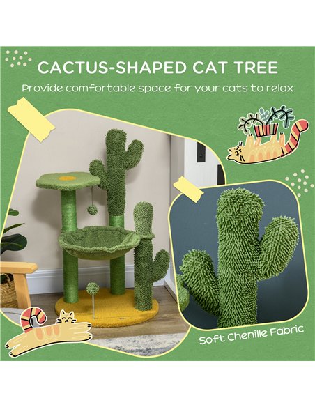 PawHut 82cm Chenille Cactus Cat Tree with Scratching Post, Hammock, Green - pic 146885 | FastDaddyshop