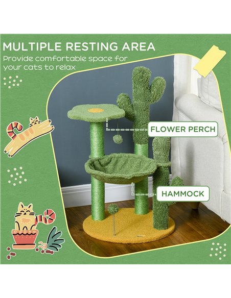 PawHut 82cm Chenille Cactus Cat Tree with Scratching Post, Hammock, Green - pic 146886 | FastDaddyshop