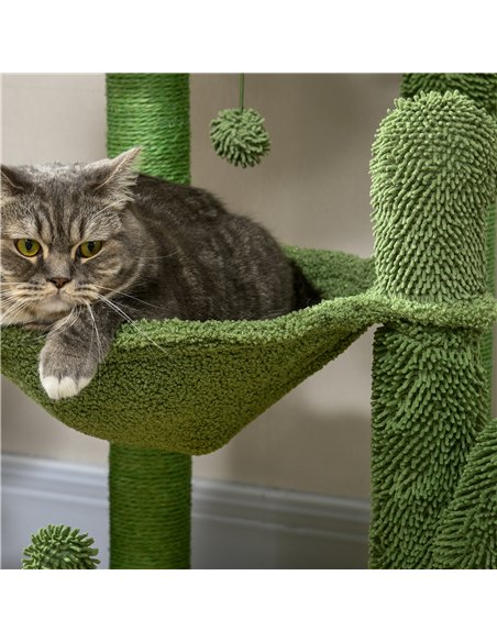 PawHut 82cm Chenille Cactus Cat Tree with Scratching Post, Hammock, Green - pic 146889 | FastDaddyshop