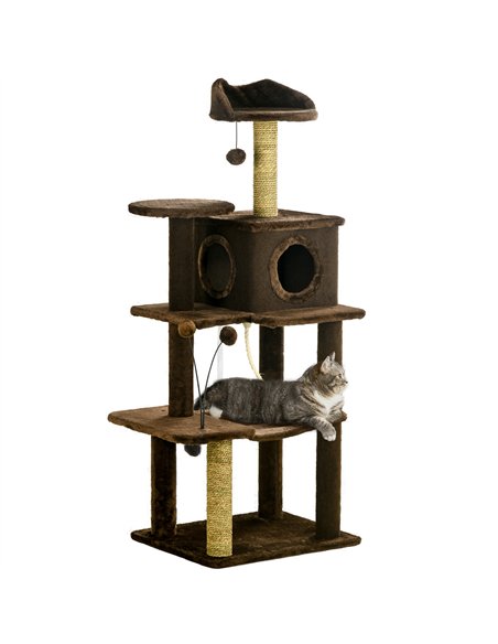 PawHut 136cm Cat Tree for Indoor Cats, Modern Cat Tower with Scratching Posts, house, Platforms, Toy Ball - Brown - pic 146891 | FastDaddyshop