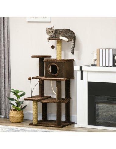 PawHut 136cm Cat Tree for Indoor Cats, Modern Cat Tower with Scratching Posts, house, Platforms, Toy Ball - Brown