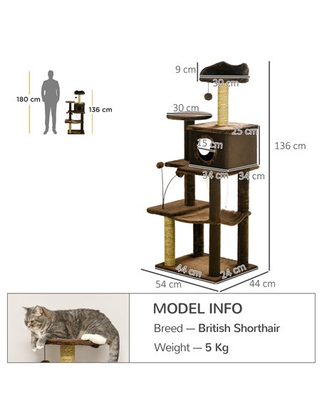 PawHut 136cm Cat Tree for Indoor Cats, Modern Cat Tower with Scratching Posts, house, Platforms, Toy Ball - Brown - pic 146893 | FastDaddyshop