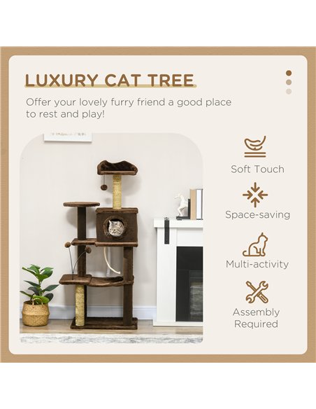 PawHut 136cm Cat Tree for Indoor Cats, Modern Cat Tower with Scratching Posts, house, Platforms, Toy Ball - Brown - pic 146894 | FastDaddyshop